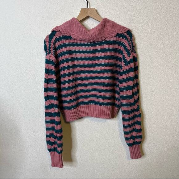 Zara Pink Green Striped Cable Knit Sweater Peter Pan Collar Womens Size L - Picture 7 of 9